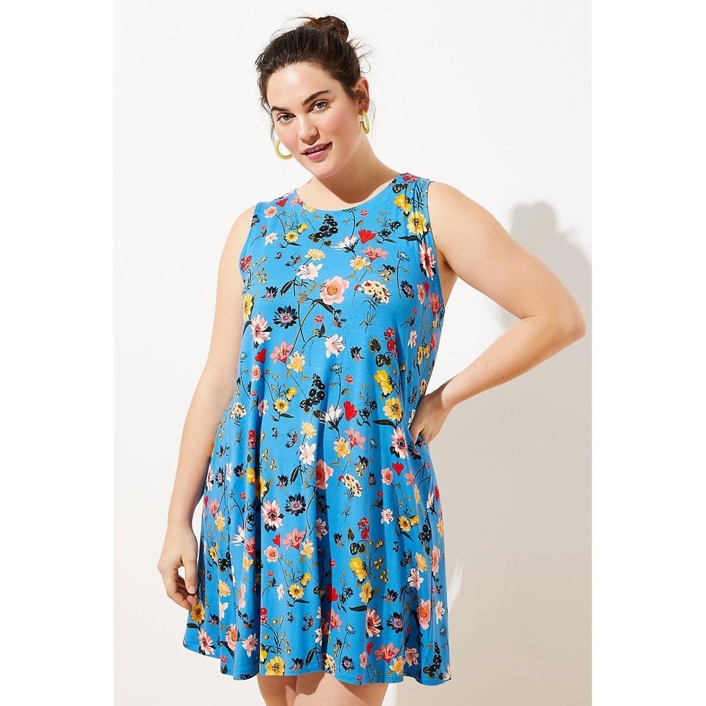LOFT Women's Blue Floral Sleeveless Swing Dress‎ Rayon Plus Size 16/18 NWT